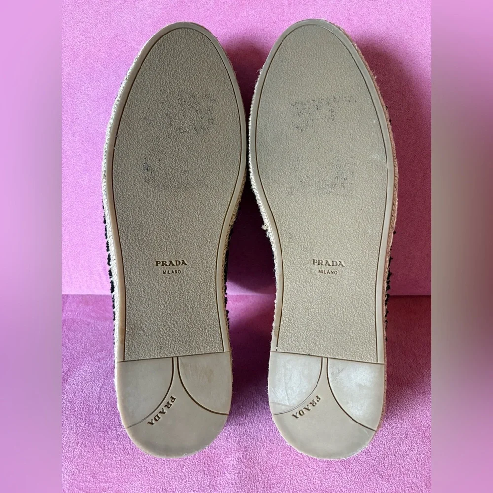 Prada Calzature Donna Black Knit Cotton Espadrille Shoes Slip On Jute Trim 37.5
